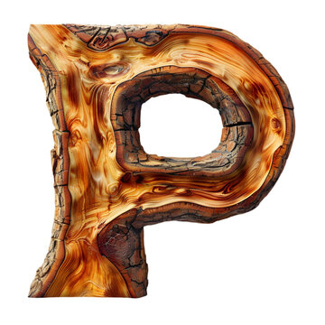 Letters P, Alphabet Made wood, with natural grain texture. isolated on a transparent background