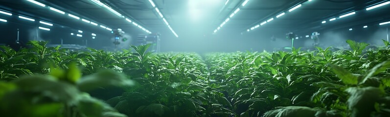 Aufkleber - Indoor garden with lush plants illuminated by bright artificial lights.