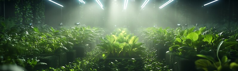 Aufkleber - Lush greenery thrives under artificial lighting in a modern indoor garden.