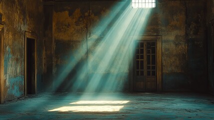 Poster - Light rays create a striking atmosphere in an abandoned indoor space during the afternoon