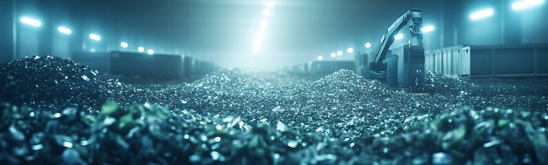 Aufkleber - A vast warehouse filled with metallic debris and machinery under soft blue lighting.