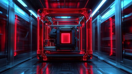 Poster - Exploring a futuristic glowing red tech structure within a modern lab environment