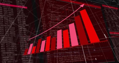 Poster - Animation of rising bar graph with upward arrow over red digital code background