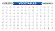 © artshuvo - Vegetarian, vegetable, veggies outline icon set. Included the simple vector icons as tomato, cucumber, kohlrabi, cauliflower, pattypan squash, fiddleheads, daikon. Editable stroke outline icon.
