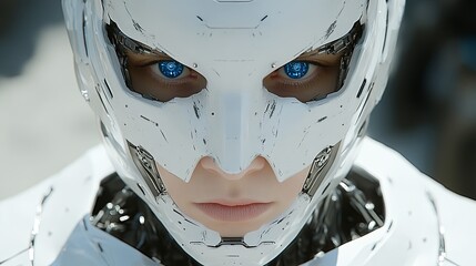 Poster - Futuristic robot with glowing blue eyes standing in a high-tech environment during daylight