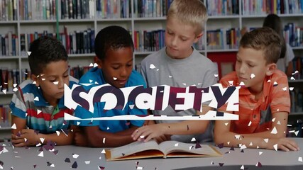 Poster - In school library, children reading book together with animation text overlay