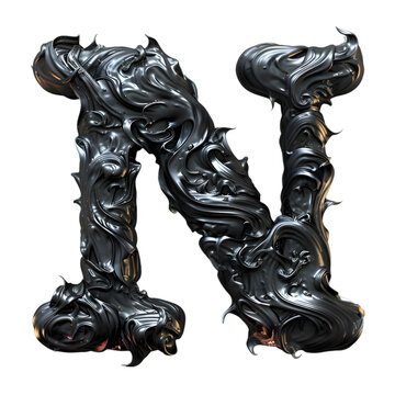 Letters N, Realistic Black Fire Alphabet isolated on a transparent background