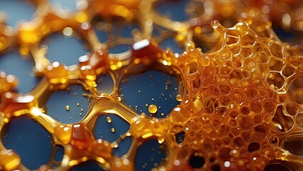 Close-up of a honecomb structure showing intricate hexagonal cells filled with golden amber honey,