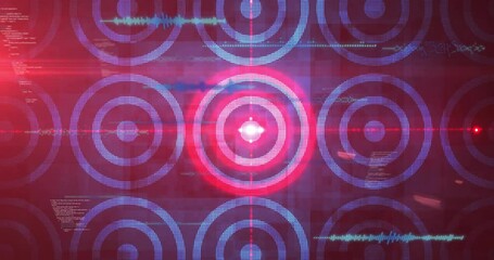 Poster - Animation of glowing red target patterns with digital waveforms overlaying data