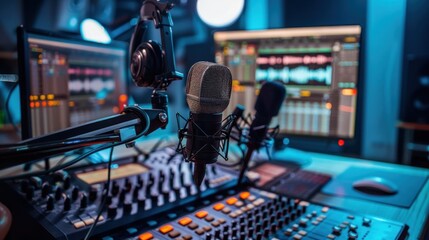 Poster - A modern media studio with microphones and cameras.