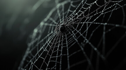 Black spider on a dew-covered web, dark background.