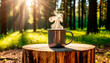 ©  Oksana  - Steaming mug on log Scene Peaceful forest Background with copy space