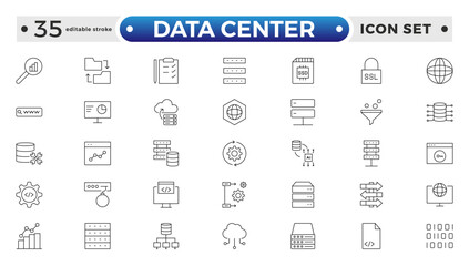 Data Center outline icon set. Data storage, cloud storage data, technology services, server, Data thin line icons. Editable stroke outline icon. 
