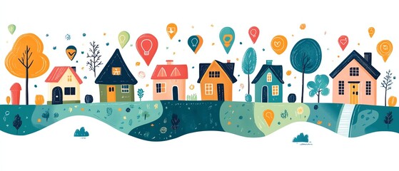  Whimsical houses and trees surrounded by vibrant location pins, ideal for mapthemed navigation or travel illustrations