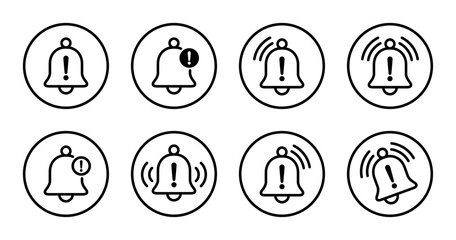 Poster - Warning alarm bell icon set collection on circle line. Notification sign. Danger caution symbol