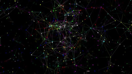 Poster -  Extensive shimmering neural network on a dark background. Abstract plexus futuristic network connection technology. Beautiful black network lines and triangles motion on white background