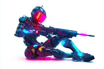 Poster - Futuristic robot soldier in neon armor takes a defensive pose on a bright, abstract background during an imagined battle