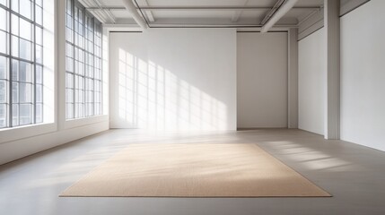 Poster - A minimalist living room featuring a single beige rug in the center of the room. The surrounding area is completely empty, emphasizing clean, open floor space and natural light