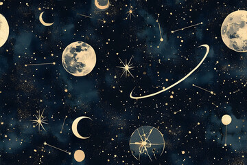 Wall Mural - Celestial Harmony, A Dreamy Landscape of Moon Phases and Starry Nights