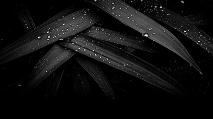 Poster - Dark leaves with droplets glisten after rain in a tranquil setting captured during early morning hours