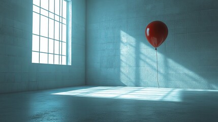 Poster - Bright red balloon floating in an empty room with sunlight streaming through large windows