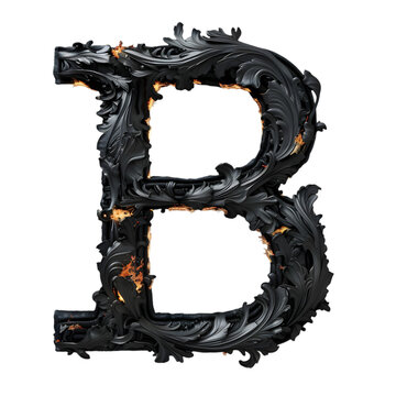 Letters B, Realistic Black Fire Alphabet isolated on a transparent background
