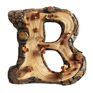Letters B, Alphabet Made wood, with natural grain texture. isolated on a transparent background