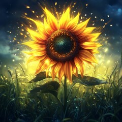 Poster - A Glowing Sunflower Majesty: Capturing the Radiant Beauty of a Single Sunflower in a Field of Dreams with Sparkling Lights