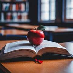 Poster - A Red Apple Atop an Open Book in a Library, Symbolizing Knowledge, Learning and Education in a Quiet and Classic Setting.