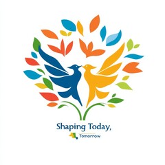 Poster - Colorful Avian Symbolism: Abstract Birds and Leaves Creating a Vibrant Tree Illustration on a White Background.