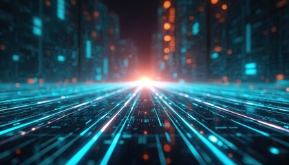 Poster - Futuristic digital grid with glowing lines converging distance. Blue neon light, data streams. Speed technology concept, tech background, cyber world, virtual reality, internet, innovation.