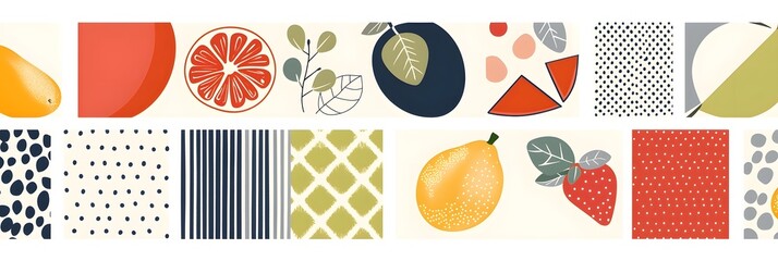 Aufkleber - A captivating patchwork of geometric shapes vibrant fruit inspired patterns and striking colors create a visually engaging and contemporary background design  category Graphic Resources