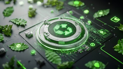 Fototapete - A close up view of a brushless DC motor with intricate digital leaf patterns and glowing eco friendly symbols illuminating the futuristic technology driven industrial design