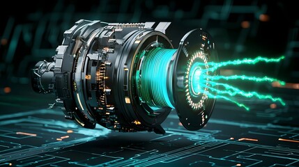 Fototapete - A conceptual image depicting a sophisticated futuristic hydrogen powered electric motor generating soft glowing plasma energy in shades of blue and green
