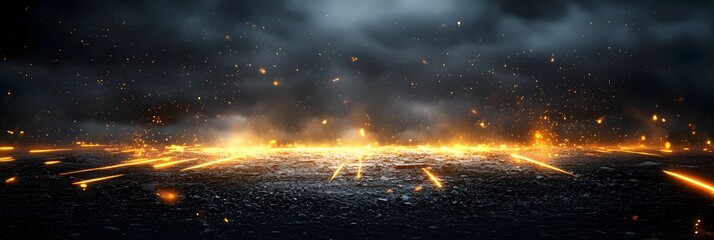 Poster - A dark and ominous panoramic view of a futuristic cityscape with intense glowing golden elements and sparks against a moody atmospheric backdrop