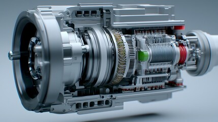 Leinwandbilder - A detailed view of an advanced electric motor featuring a sleek modernized design and the use of environmentally friendly biodegradable materials in its construction