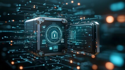 Poster - A digital composite depicting a secure lock or safe blending into a complex cybersecurity firewall network symbolizing the protection of sensitive data and information in the digital age