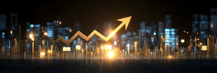 Leinwandbilder - A digital showcasing a rising golden arrow representing a positive business trend or market growth set against a dramatic backdrop of a futuristic urban skyline