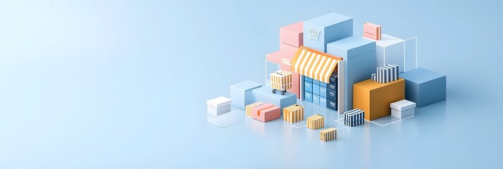 Poster - A dynamic and dimensional composition of layered 3D shapes forming an abstract representation of an online retail platform or ecommerce service