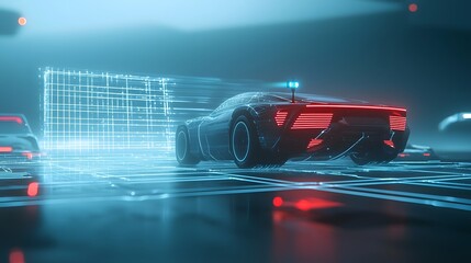 Poster - A futuristic autonomous vehicle navigates through a dark digital environment using Lidar technology and a glowing sensor grid to map and interpret its surroundings