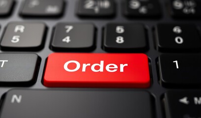 Red Order Button Glows Brightly on Dark Keyboard. AI Generated