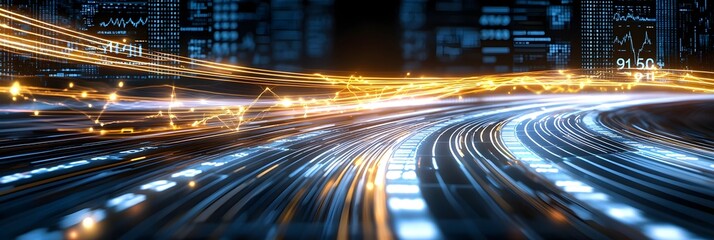 Fototapete - A futuristic cityscape featuring skyscrapers and data visualizations with luminous light trails tracing the path of dynamic movement and financial progress