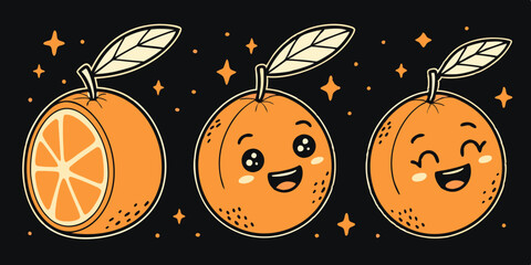set of cute cartoon orange icon isolated on black background vector illustration.