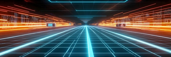 Leinwandbilder - A futuristic visually captivating digital landscape with vibrant neon lines and glowing signals traveling through an interconnected grid representing the flow of information and technology