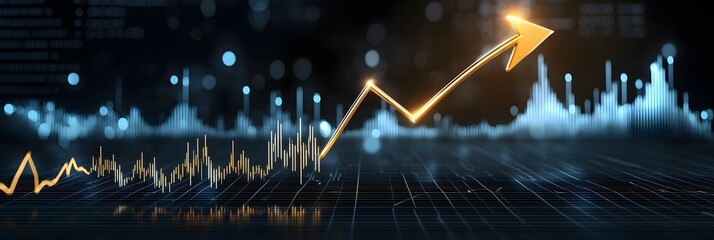 Leinwandbilder - A golden market trend arrow soaring upwards on a dark data driven financial background representing growth progress and new opportunities in the business landscape