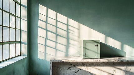 Poster - A high end safe sits atop a marble counter its sleek form casting dramatic shadows across the surface in a minimalist contemporary interior