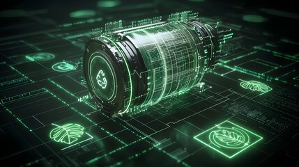 Fototapete - A high tech brushless DC motor is displayed against a backdrop of glowing digital leaf patterns and eco friendly symbols suggesting sustainable energy and advanced technological innovation
