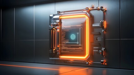 Aufkleber - A high tech vault door with an advanced biometric scanner that glows in the dimly lit industrial style environment creating a striking futuristic atmosphere