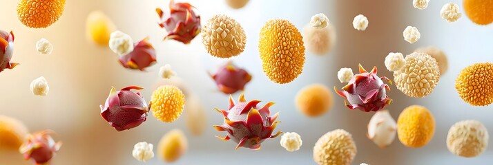 Poster - A lively energetic background featuring vibrant floating passion fruit dragon fruit and lychees suspended in mid air against a minimalist bright backdrop