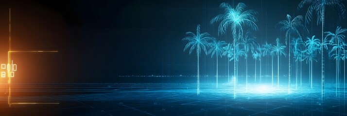 Poster - A mesmerizing futuristic landscape featuring glowing neon palm trees against a serene surreal beachscape with a reflective ocean horizon